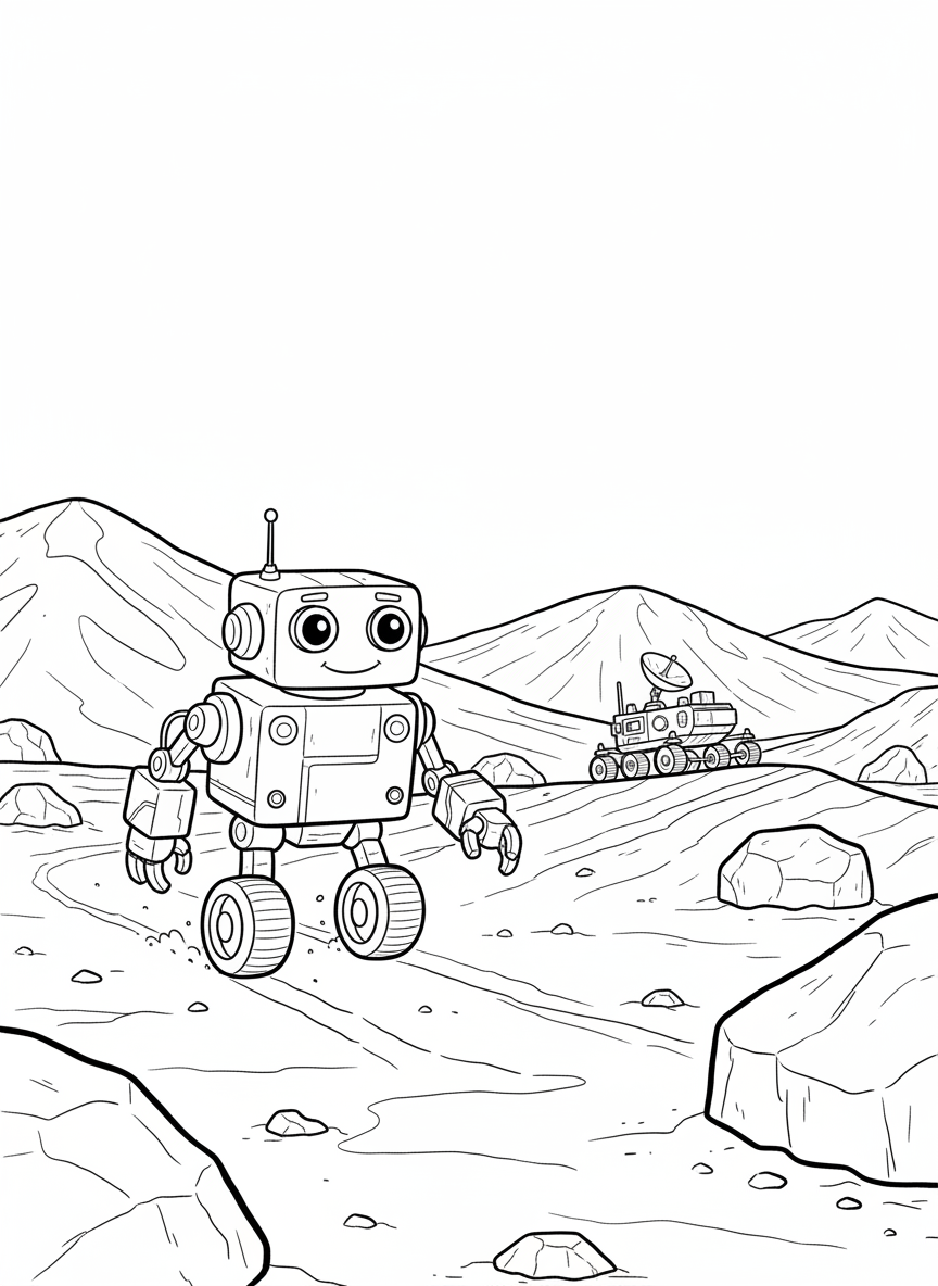A cute robot exploring Mars with rolling hills, rocks, and a small rover in the background