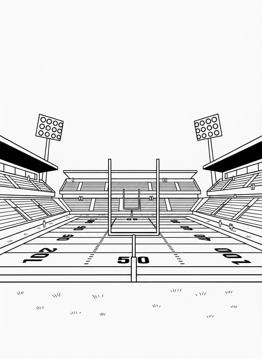 A wide view of a football field with goal posts at both ends, yard lines numbered, and stadium lights towering above.