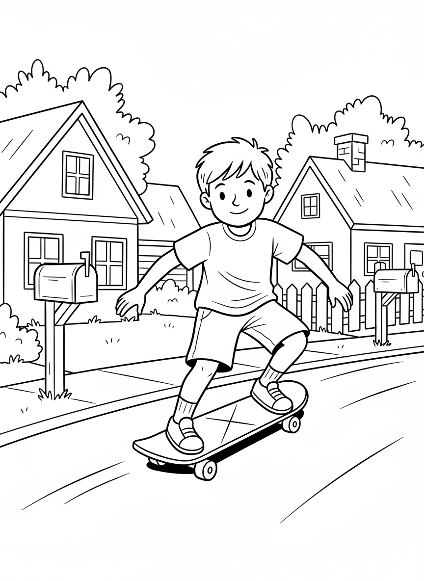 A child riding a skateboard through a neighborhood street with houses and mailboxes, casual cruising pose, safe environment.