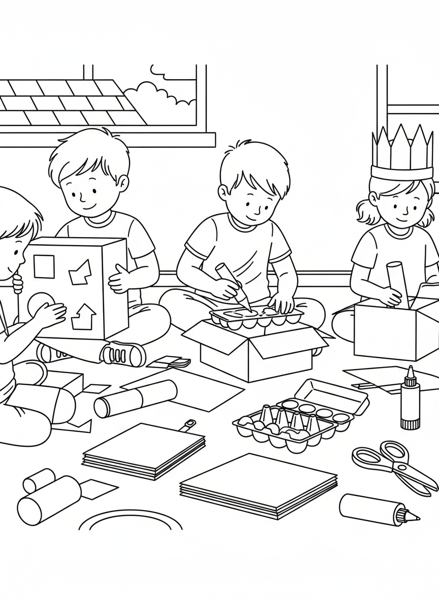 Children creating art projects from cardboard boxes, egg cartons, and paper tubes, sitting on the floor surrounded by craft supplies.