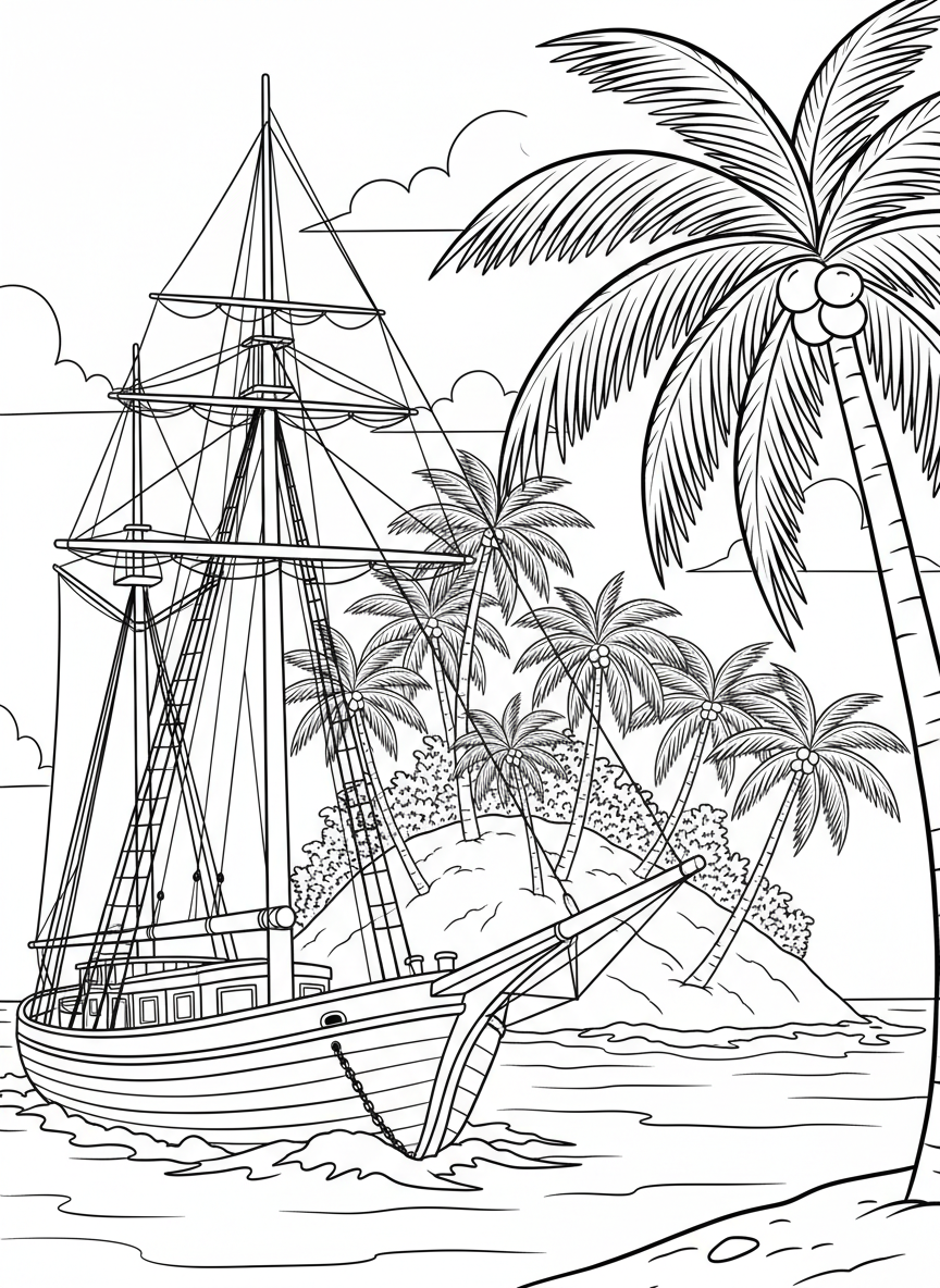 A classic wooden sailboat with two sails and rigging details, anchored near a tropical island with palm trees.