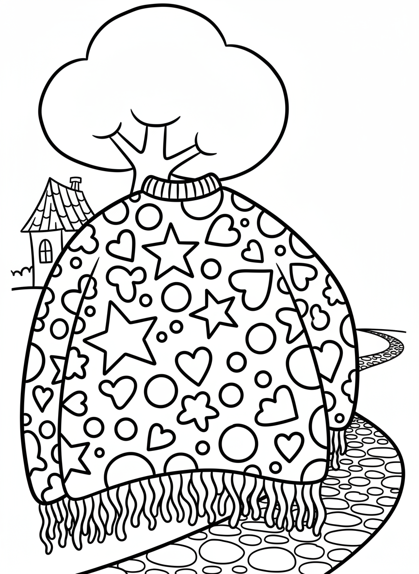 A wacky sweater covered in oversized polka dots, stars, and hearts in a chaotic mix, with fringe hanging from the bottom edge.