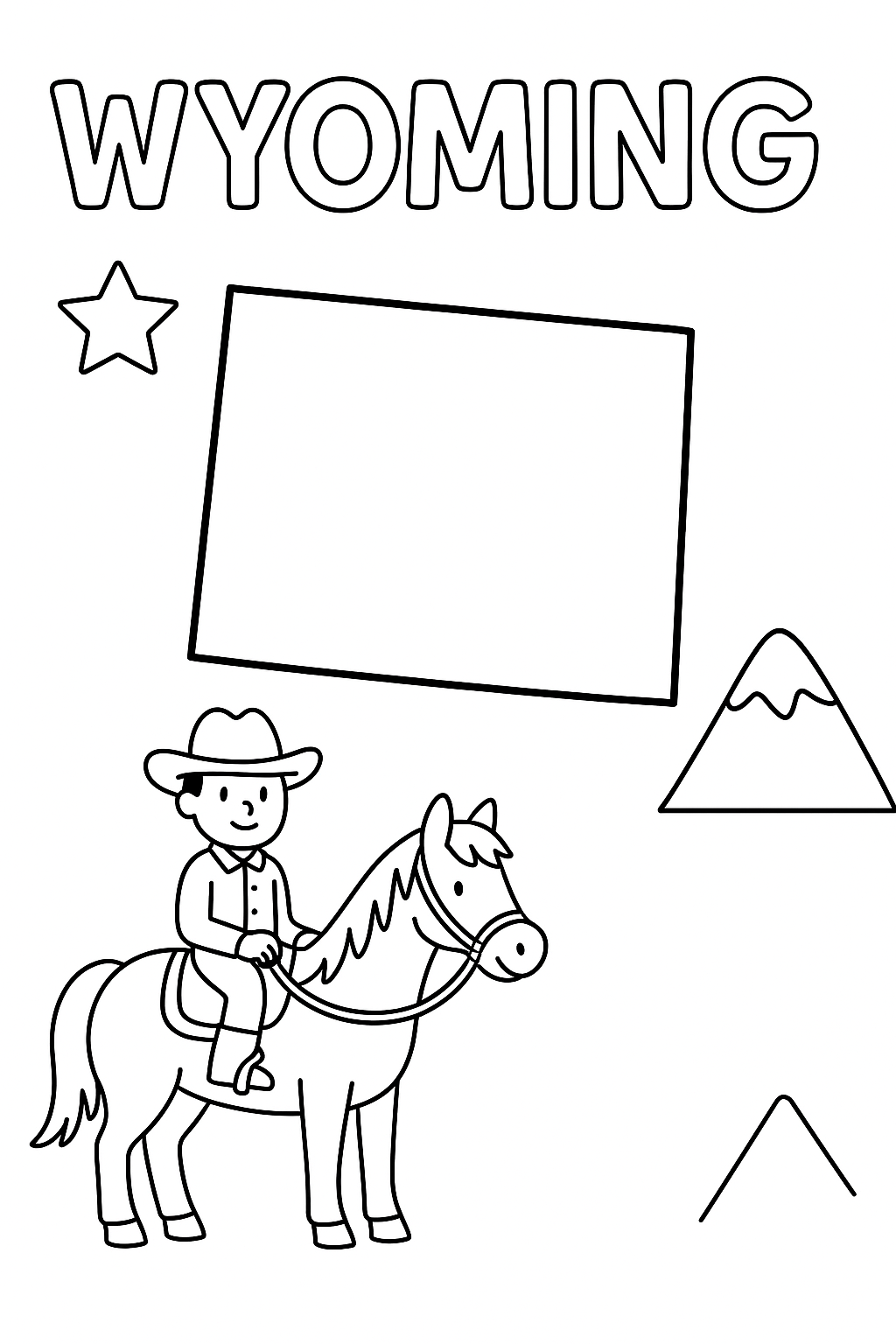 Write “Wyoming” once at the top in outlined letters. Make the state outline bold and centered. Add one cowboy, one horse, one mountain, and one star icon in page corners.