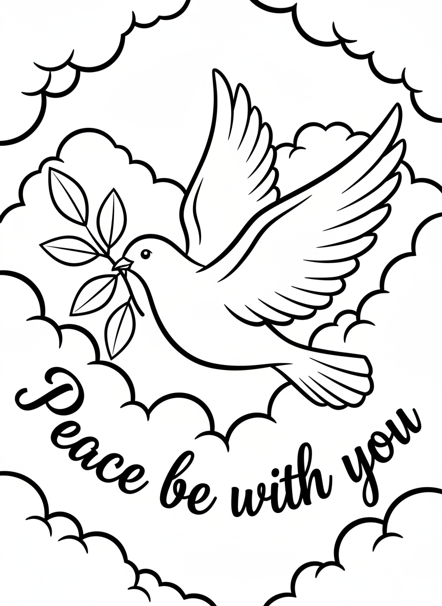 A dove carrying an olive branch flying through clouds, with 'Peace be with you' written in elegant script below.