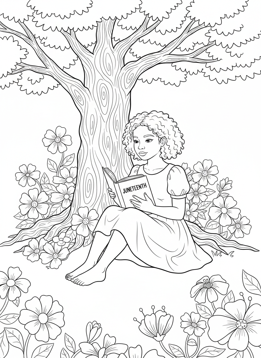 A young girl reading a book about Juneteenth history while sitting under a tree, with flowers around her