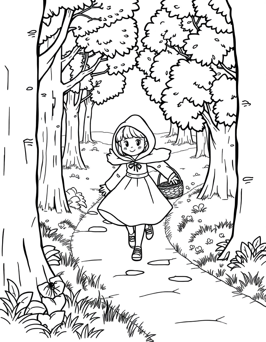 Little Red Riding Hood happily skipping through a forest path, carrying a basket, with friendly trees surrounding her