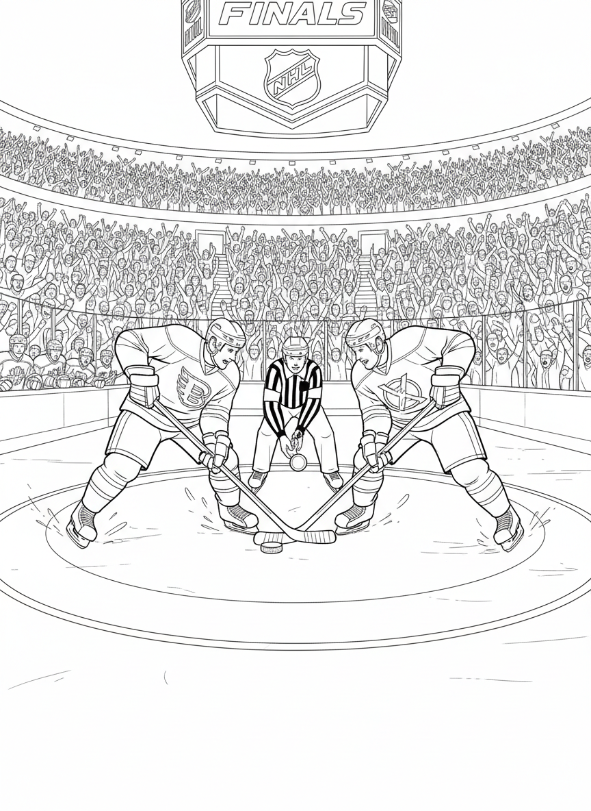 Stanley Cup Finals coloring page prompts capturing intense hockey action, frozen arenas, passionate fans, and championship tradition.	A faceoff at center ice with players crouched low, skates gripping the surface while the puck hovers in the referee’s hand.