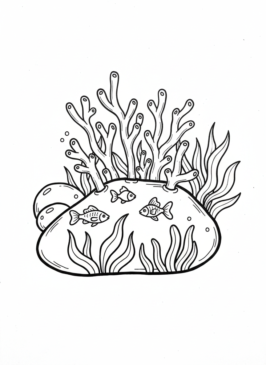 A rock painted with a colorful coral reef scene showing branching coral, small fish, and sea plants in simple outlines