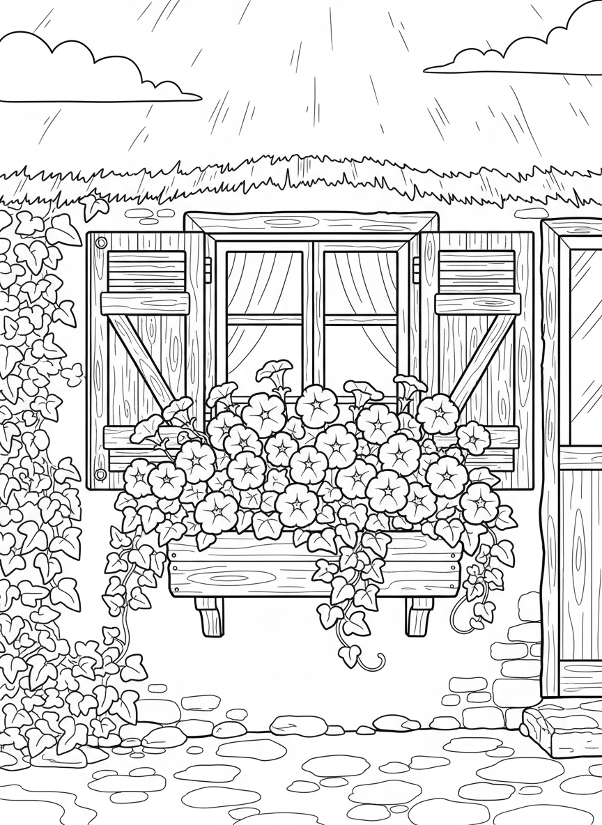A window box overflowing with petunias and trailing ivy, attached to a cottage window with shutters.