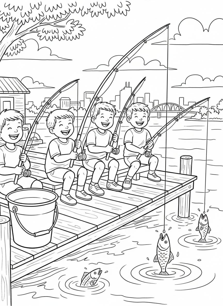 Kids fishing off a pier with buckets and fishing rods, catching fish in the St. Johns River, cheerful scene