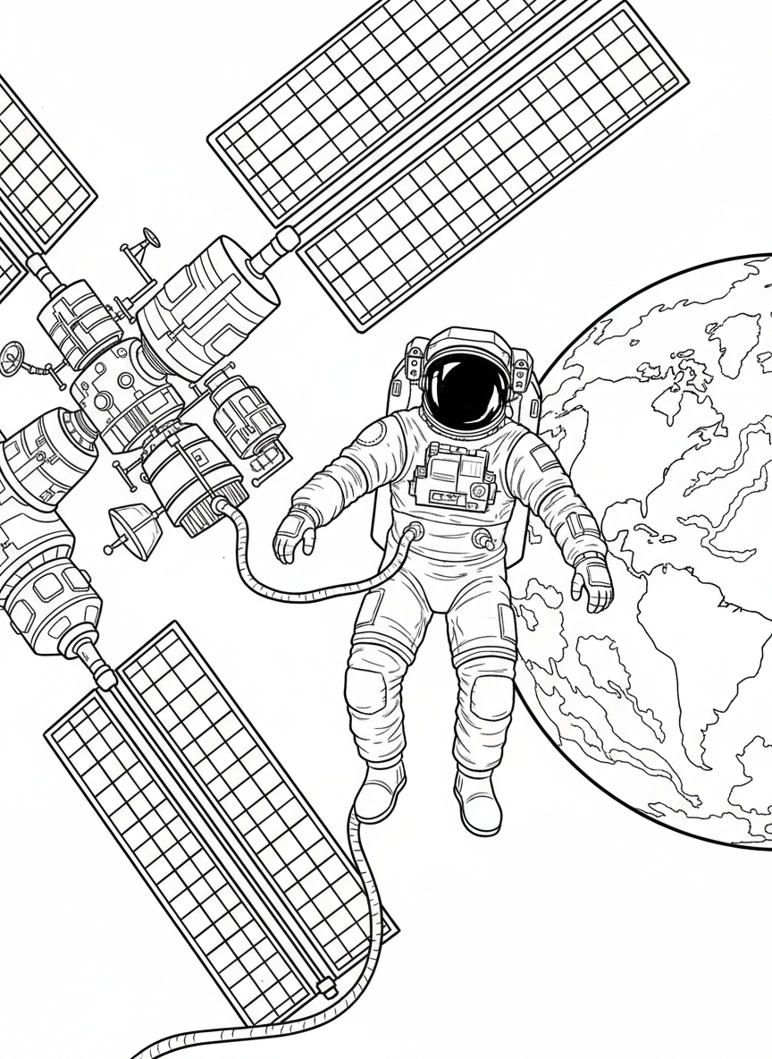 An astronaut doing a spacewalk connected to a space station by a tether, with solar panels and Earth below, detailed scene
