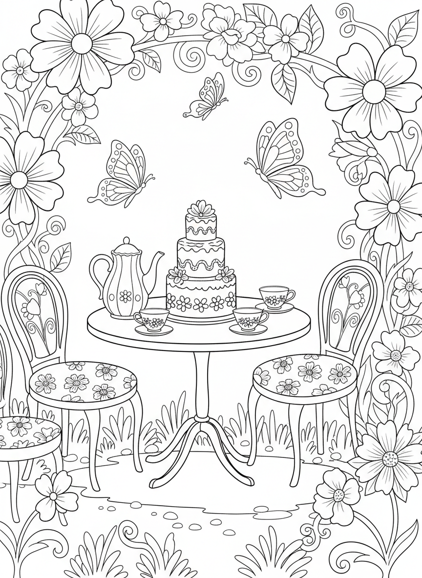 A garden tea party scene with a round table, chairs, teapot, cups, and a layered cake, surrounded by butterflies and flowers.