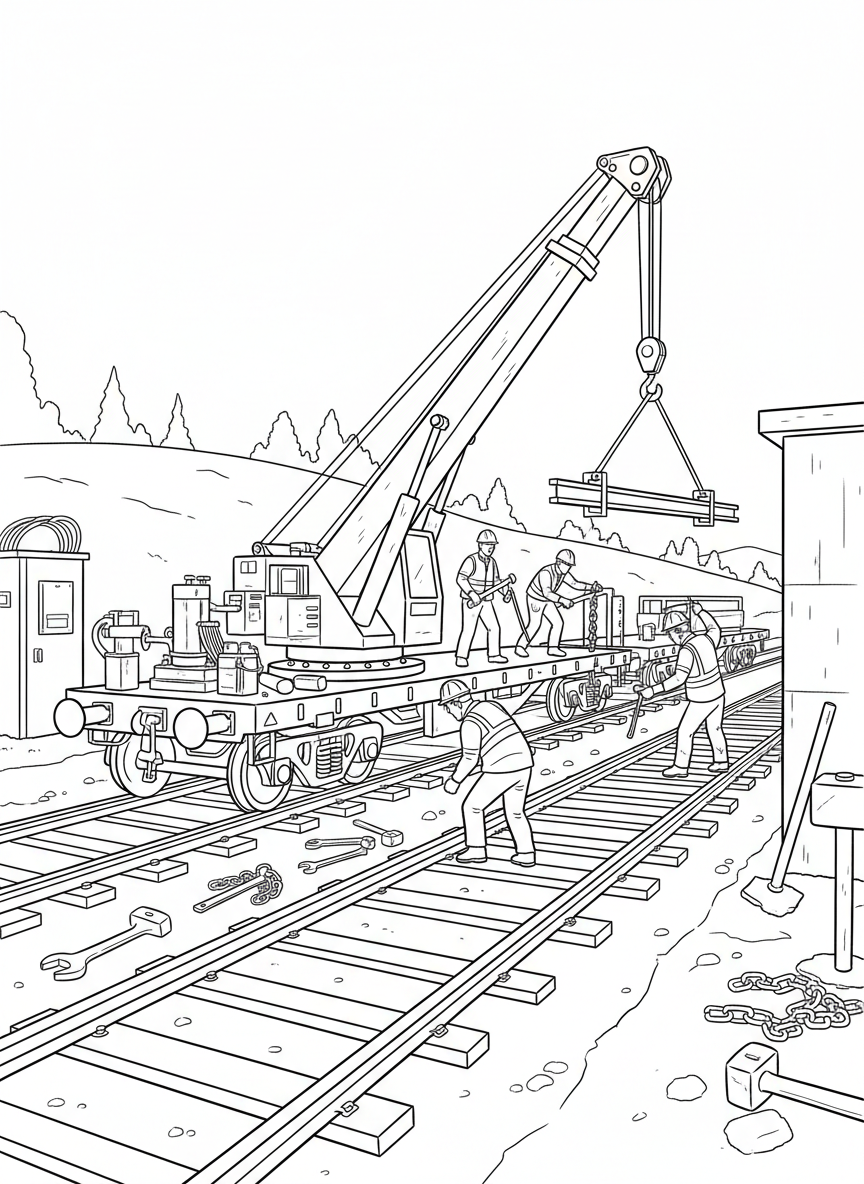 A maintenance train with a crane car and work crew fixing railroad tracks, showing tools and equipment