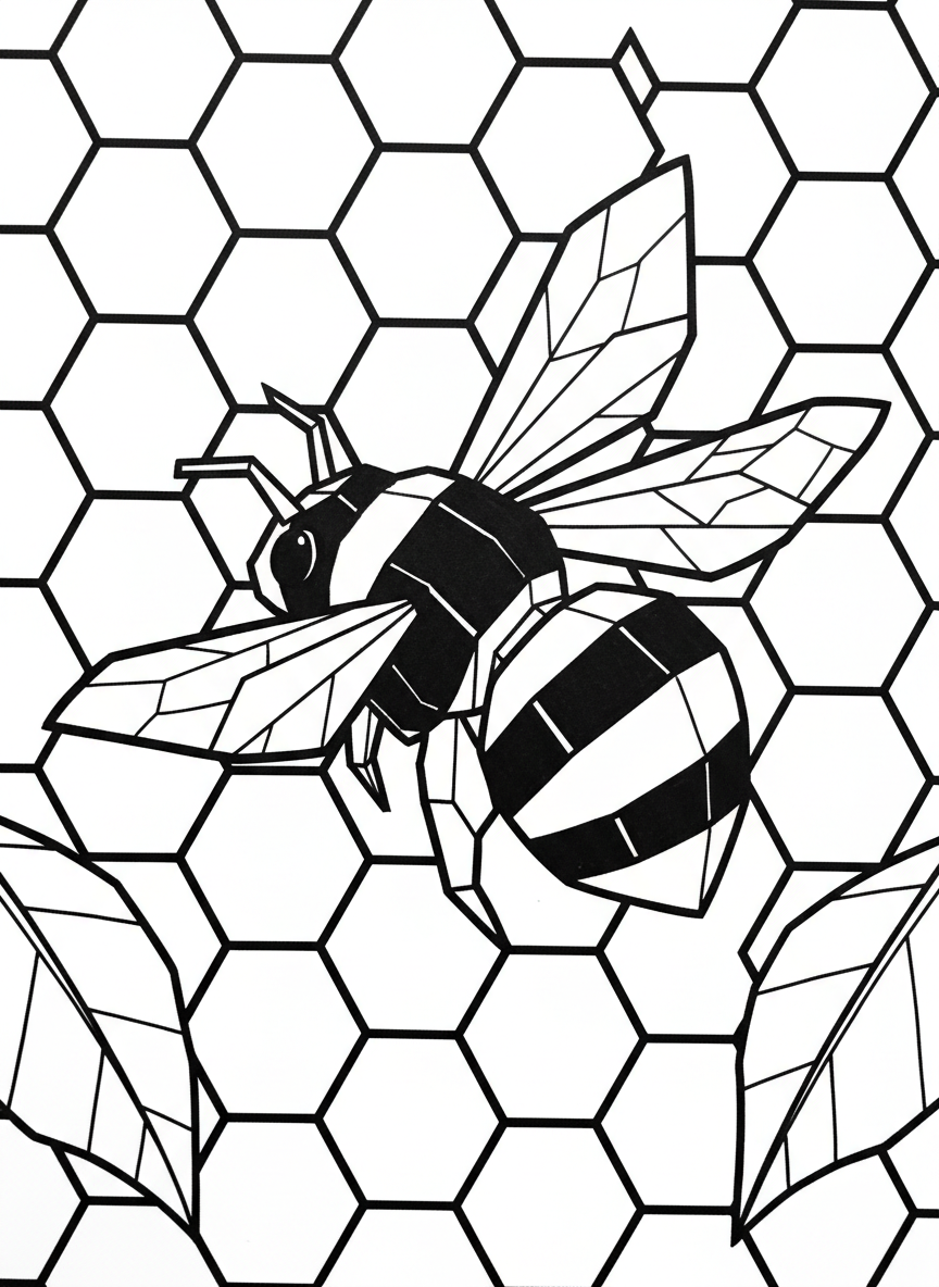 An origami bumblebee with striped body segments and folded wings, flying near a honeycomb pattern background