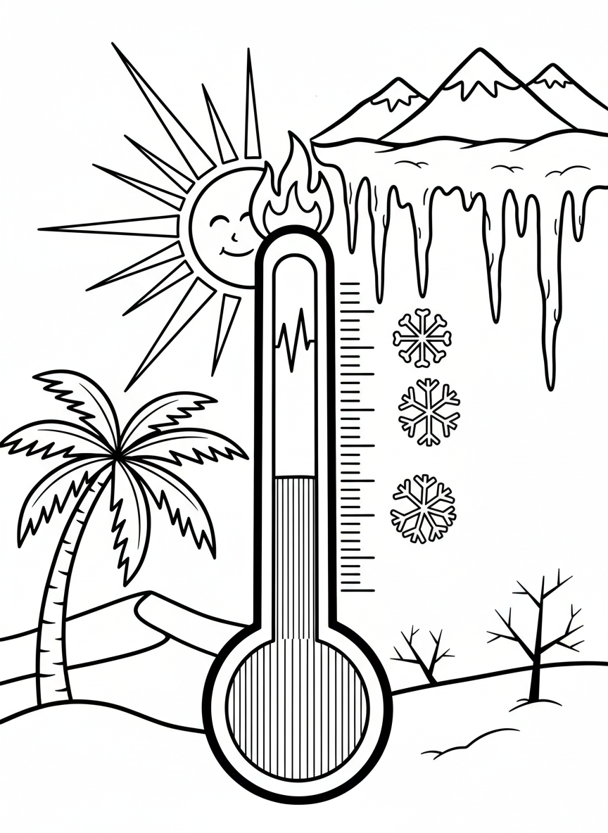 A thermometer showing hot temperature next to a summer scene with a bright sun, while another shows cold next to snowflakes and icicles.