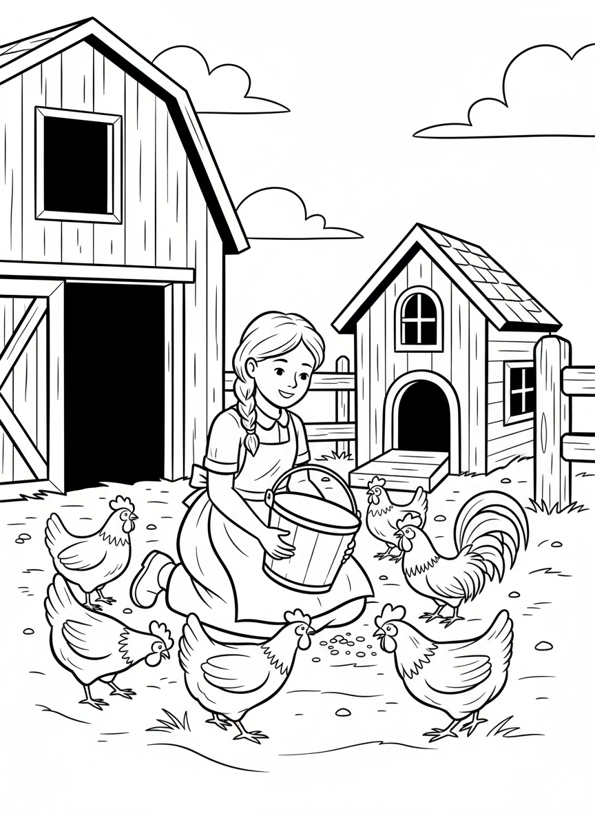 A farmer girl feeding chickens from a bucket in the barnyard with a hen house visible, charming farm activity scene.