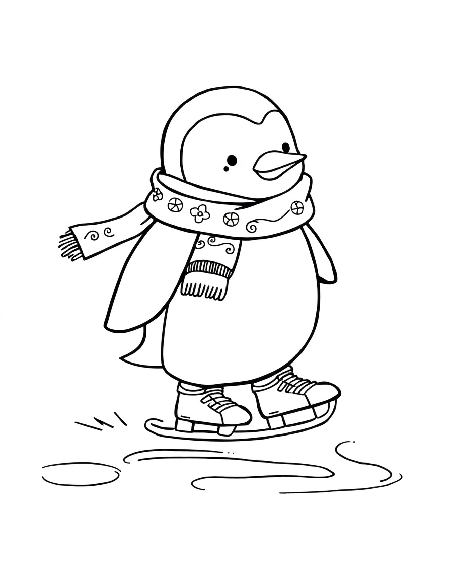 Skating Penguin: A chubby penguin wearing a knit scarf and ice skates, gliding on one foot across a frozen pond.