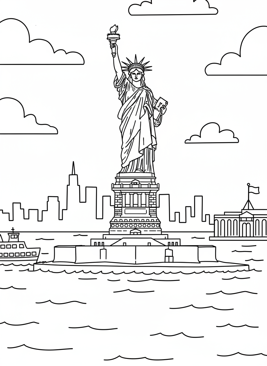 The Statue of Liberty standing tall on Liberty Island with her torch raised high, simple clean lines, front view, perfect for young children to color.