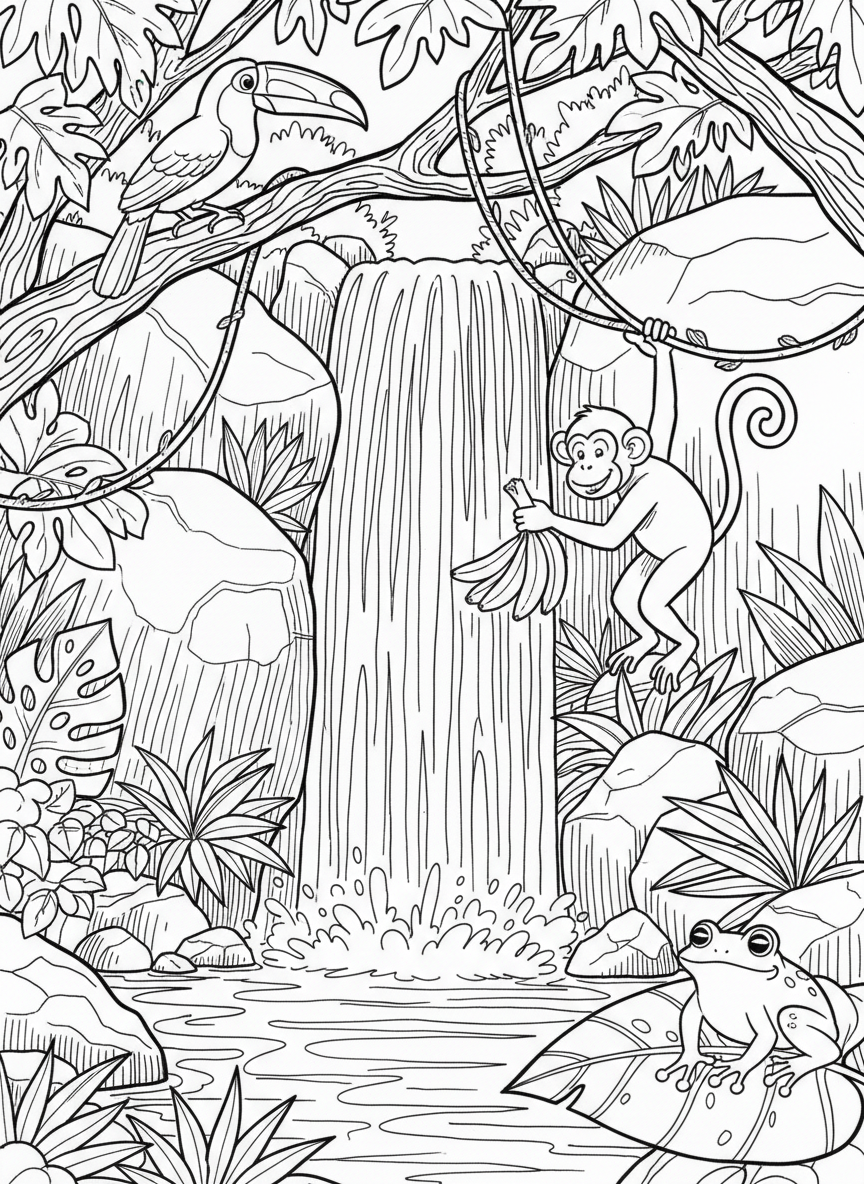 A rainforest scene with a waterfall, featuring a toucan, monkey, and frog all in different areas of the composition.