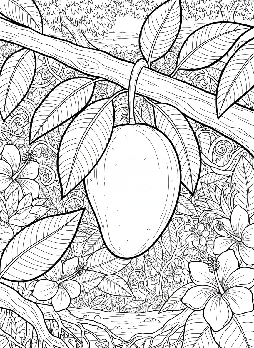 A mango on a tree branch with tropical leaves and flowers, nature setting