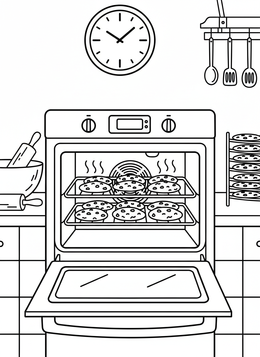 An oven with its door open, showing trays of freshly baked cookies inside, with steam lines rising upward.
