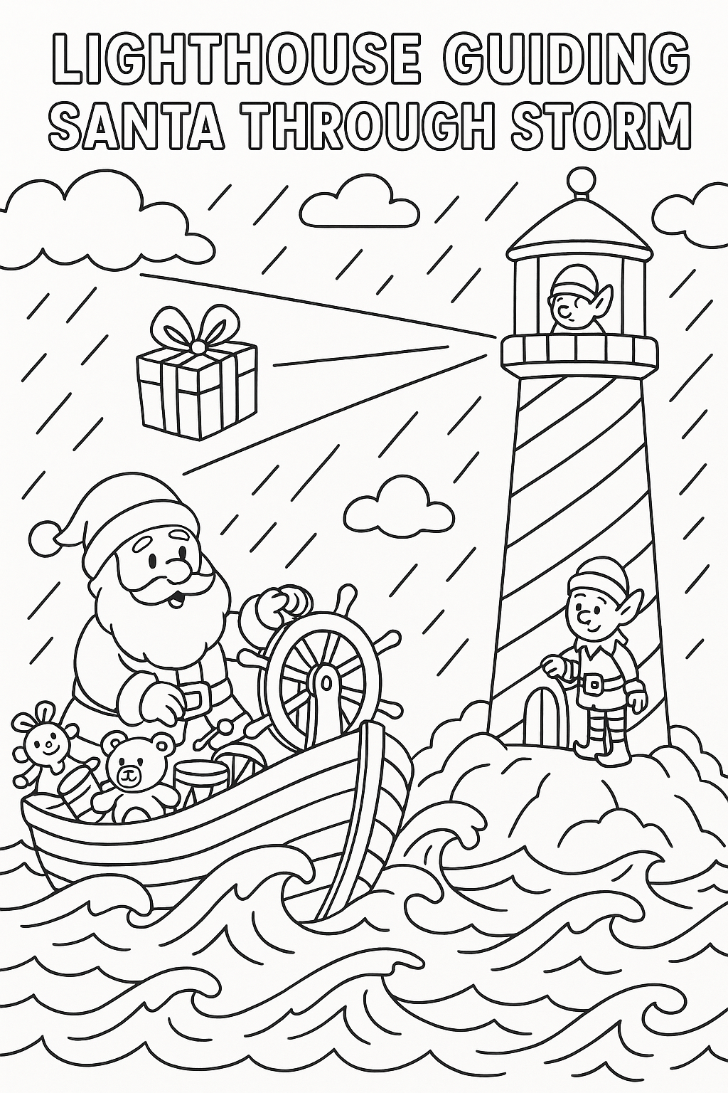 Lighthouse guiding Santa through storm, candy cane stripes, present beam of light, ship full of toys, elf keeper, rough seas, thick outlines, nautical holiday rescue