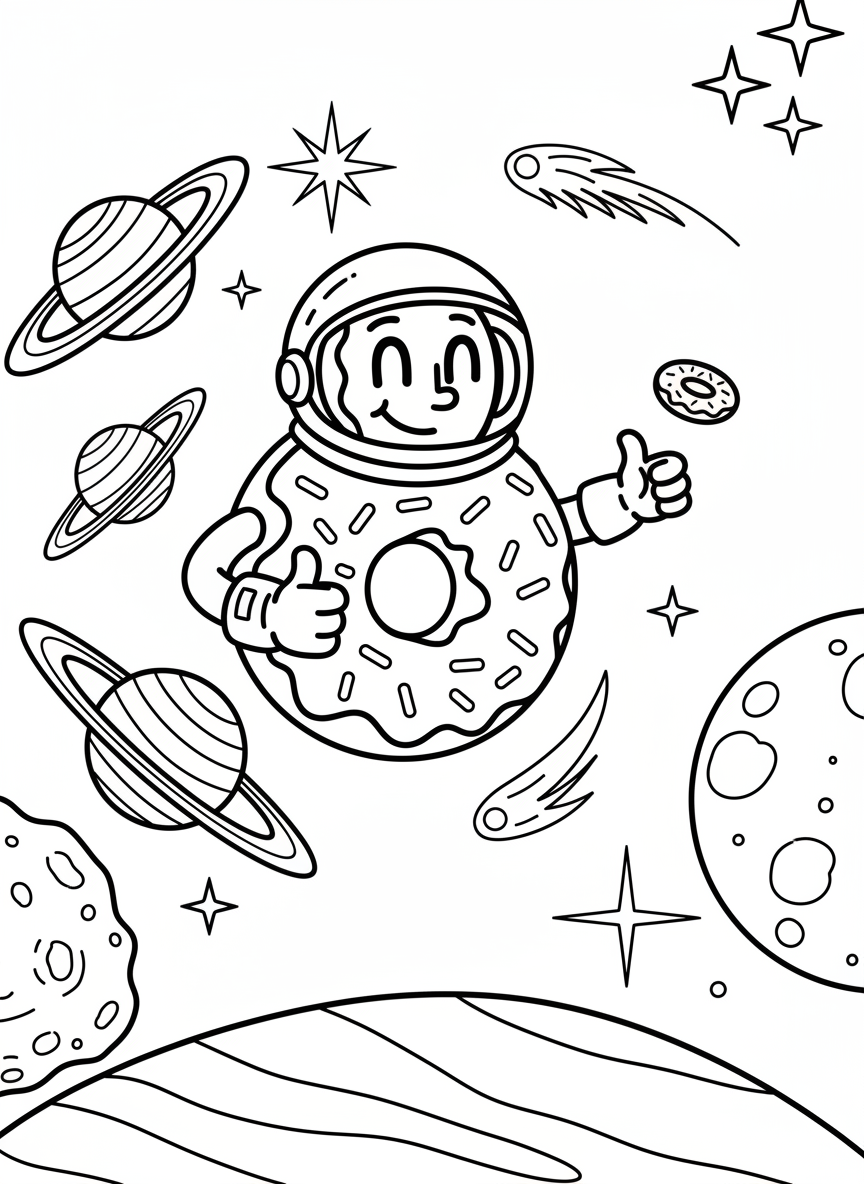 A donut astronaut floating in space with planets and stars, wearing a space helmet and giving a thumbs up