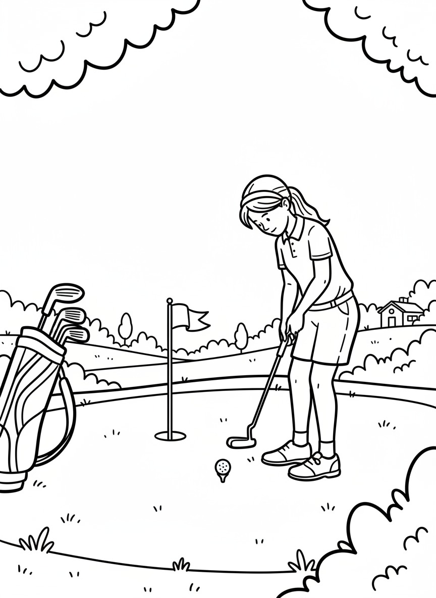 A young golfer putting on a green, holding a putter with the flag and hole nearby, focused concentration.