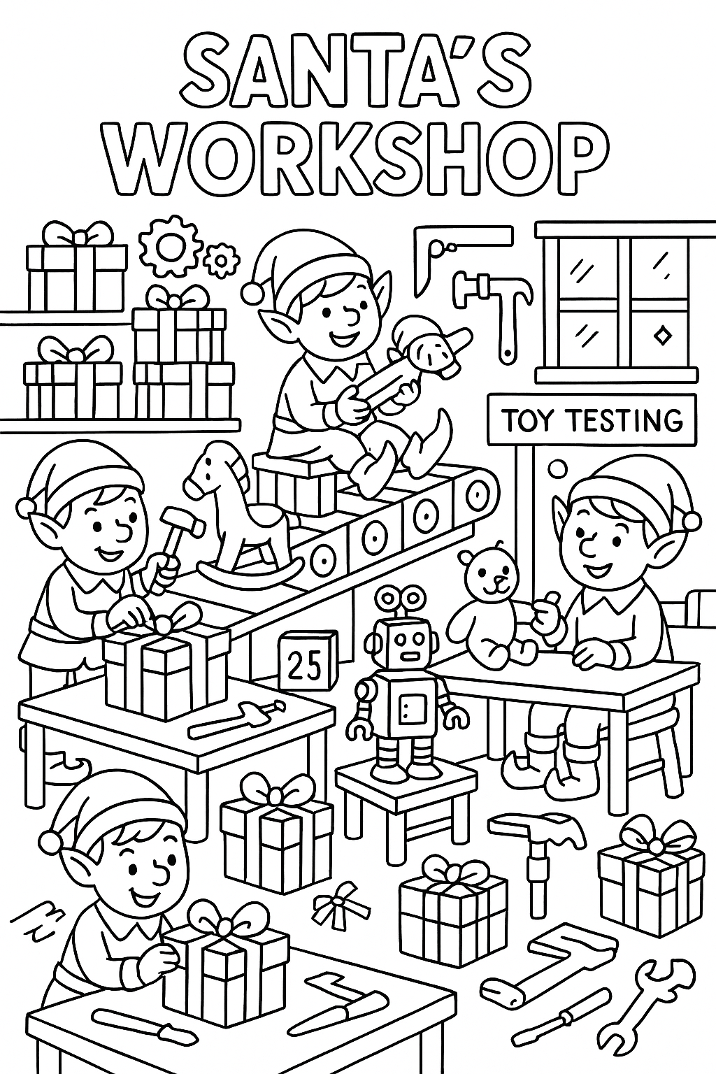 Santa's workshop coloring page: elves making toys, conveyor belts, wrapped presents, tools, workbenches, toy testing area, busy happy scene, thick black outlines, detailed Christmas factory