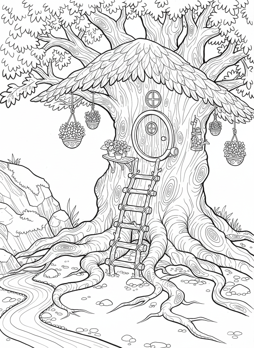 A treehouse fairy dwelling nestled in oak tree roots with a ladder made of twigs, flower pot decorations, and a leaf awning.