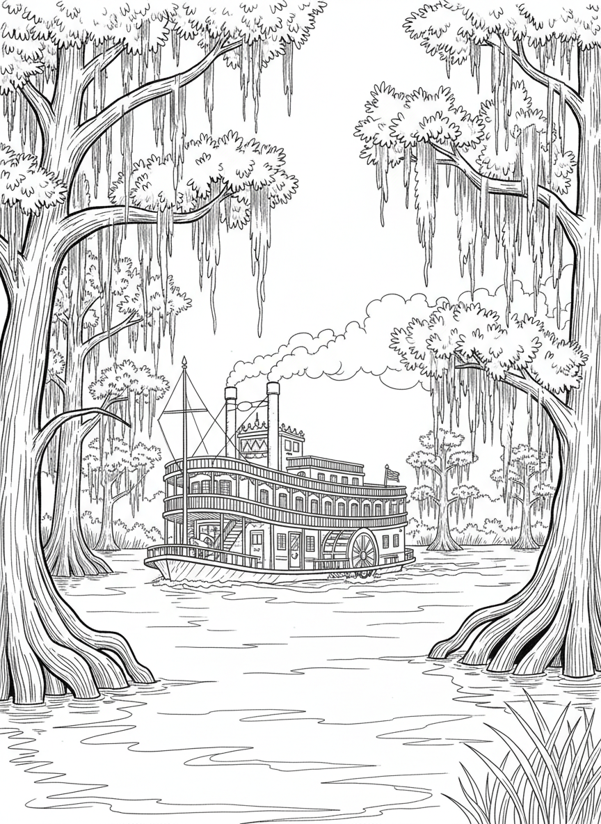 A riverboat cruising down the St. Johns River past cypress trees and Spanish moss, detailed line art for older kids