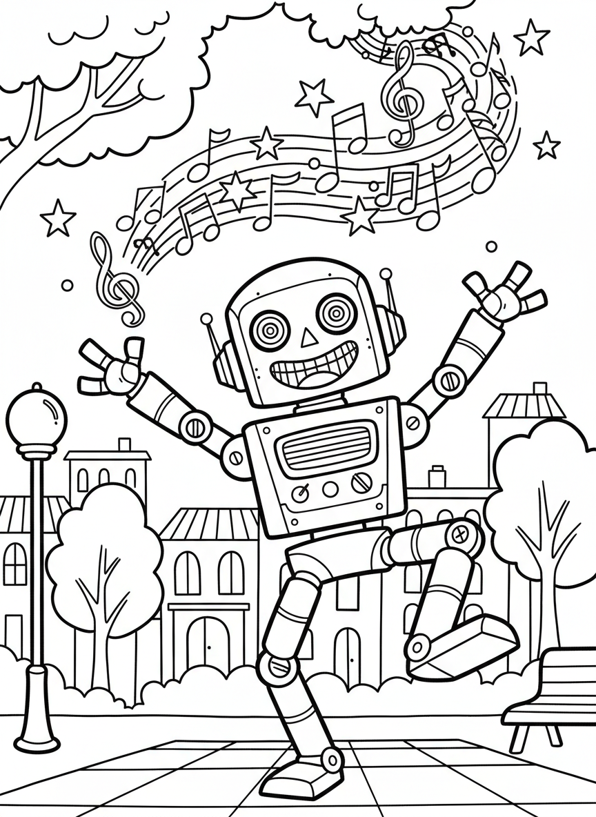A dancing robot doing a fun pose with one leg up and arms outstretched, with musical notes and stars floating around it.