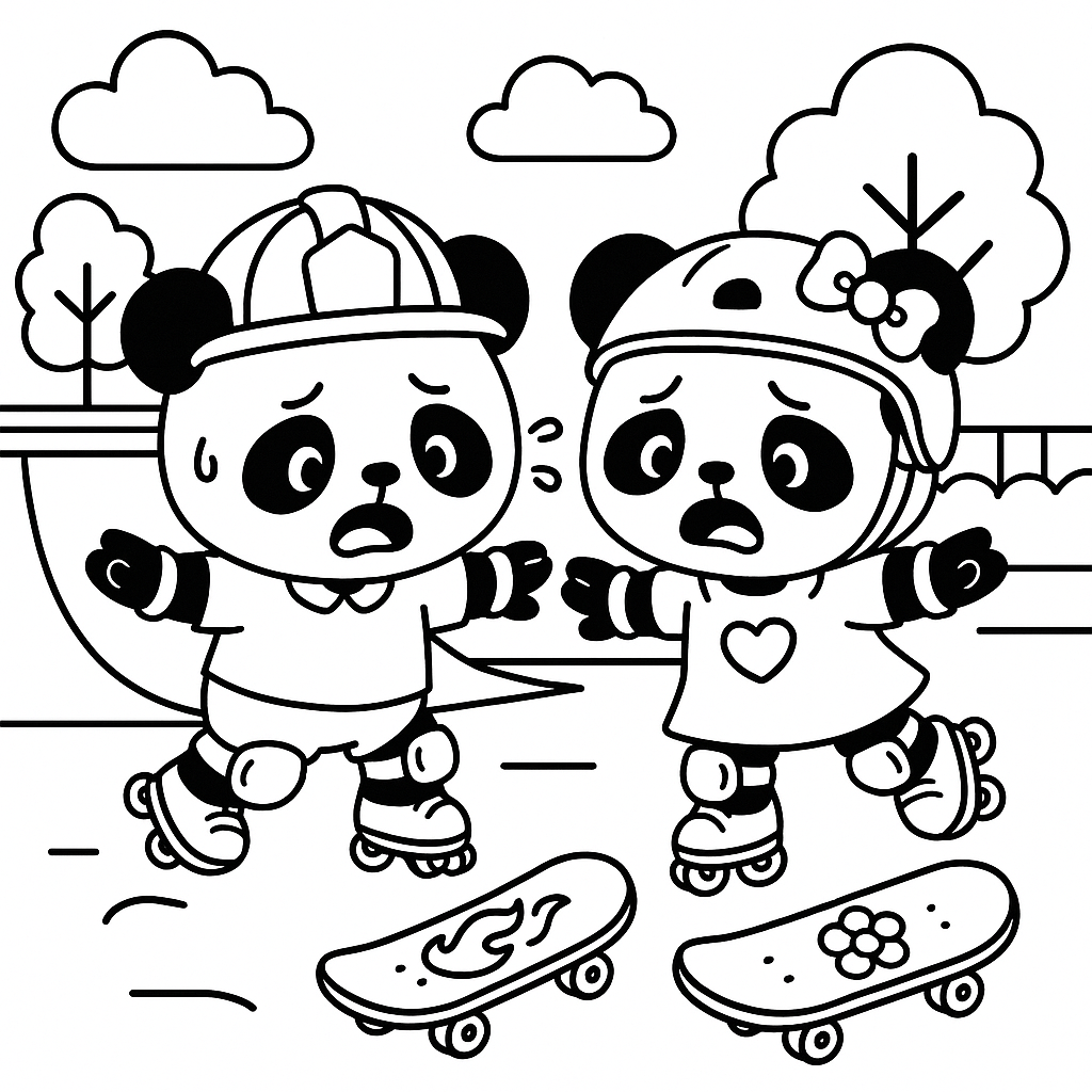 Thick Monoline Style: Skate park with trees. Chibi kawaii panda (1) Male panda with shirt, fire helmet (2) Female panda with dress with heart in middle + bow in her right ear + flower helmet. Both are rollerblading with elbow pads and knee pads. Both holding arms out to balance. Both are concerned because they are about to fall. On ground is 2x skateboard (1x fire, 1x flower)