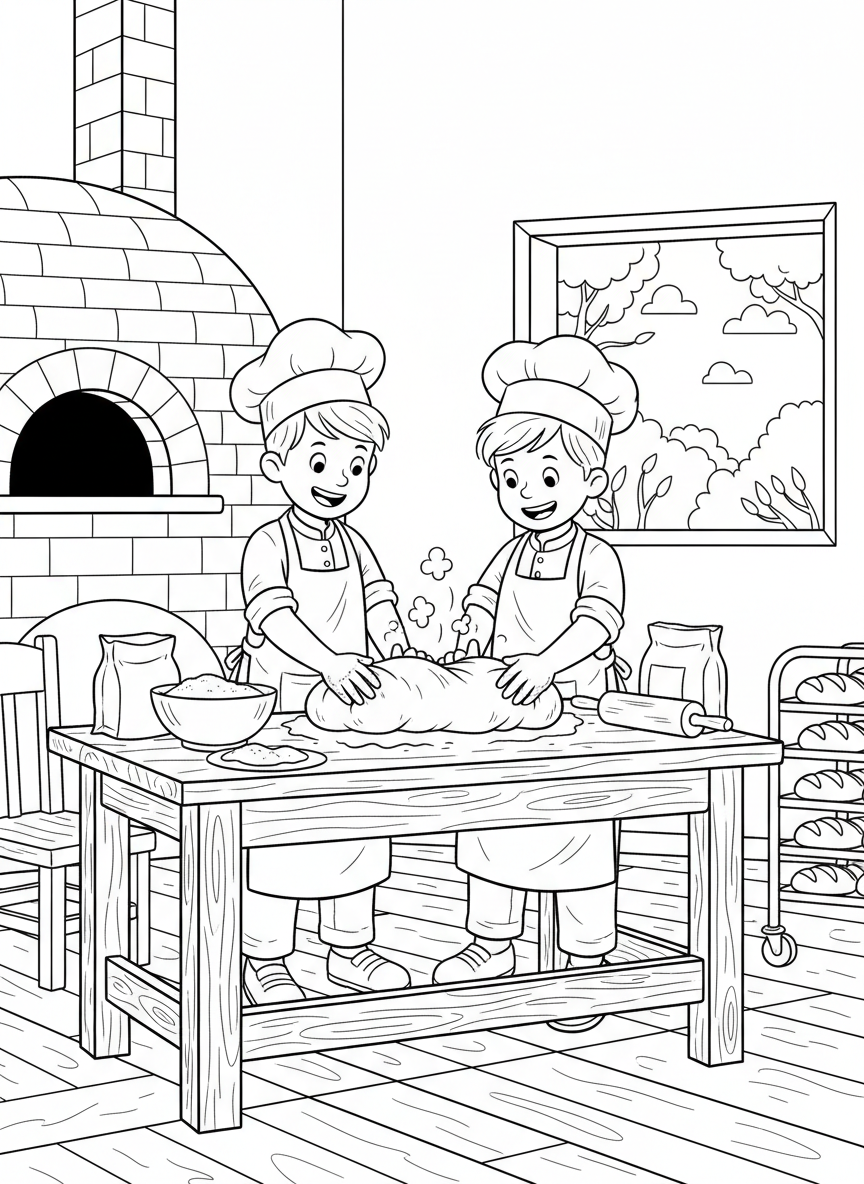 Two young bakers kneading dough together at a wooden table, wearing matching aprons
