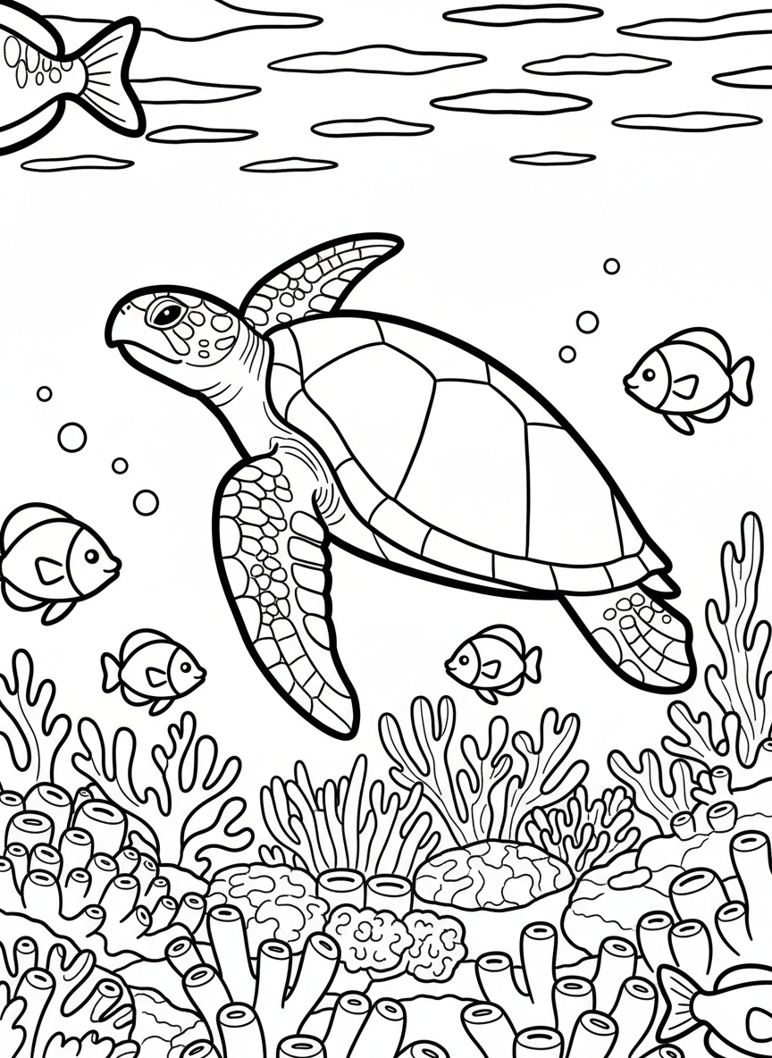 A sea turtle swimming underwater with small fish and coral, peaceful ocean scene with clear outlines.