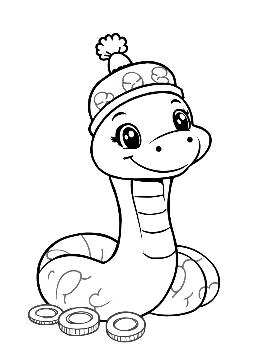 Year of the Snake: A cute, friendly cartoon snake (Year of the Snake 2025) wearing a festive hat and smiling, surrounded by coins.