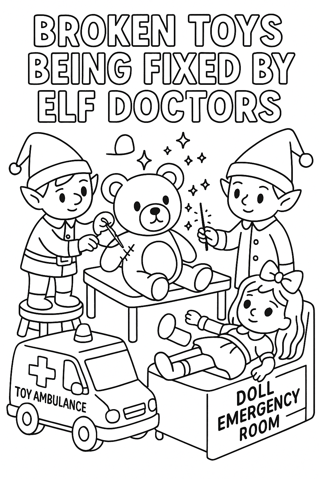 Broken toys being fixed by elf doctors, teddy bear surgery, doll emergency room, toy ambulance, healing magic sparkles, thick outlines, heartwarming repair scene