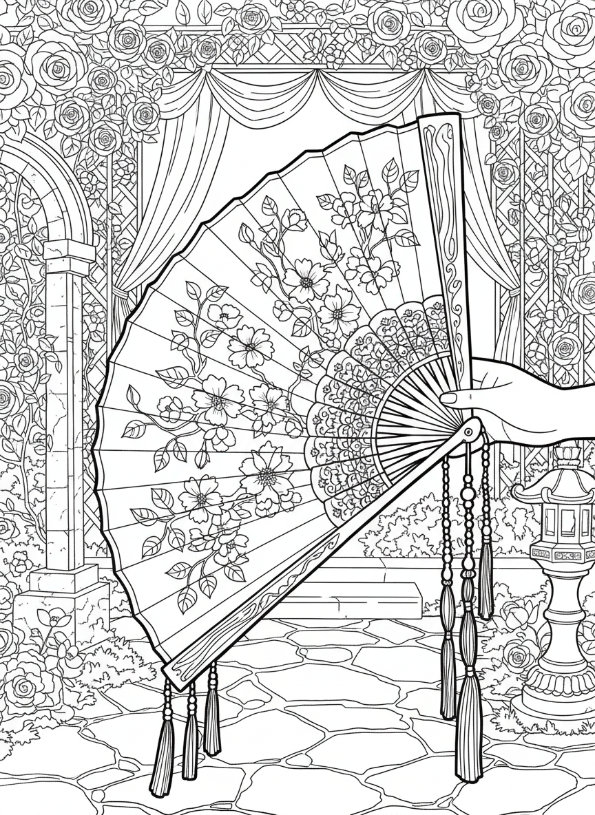A decorative fan with floral patterns and tassels, elegant accessory design for detailed coloring