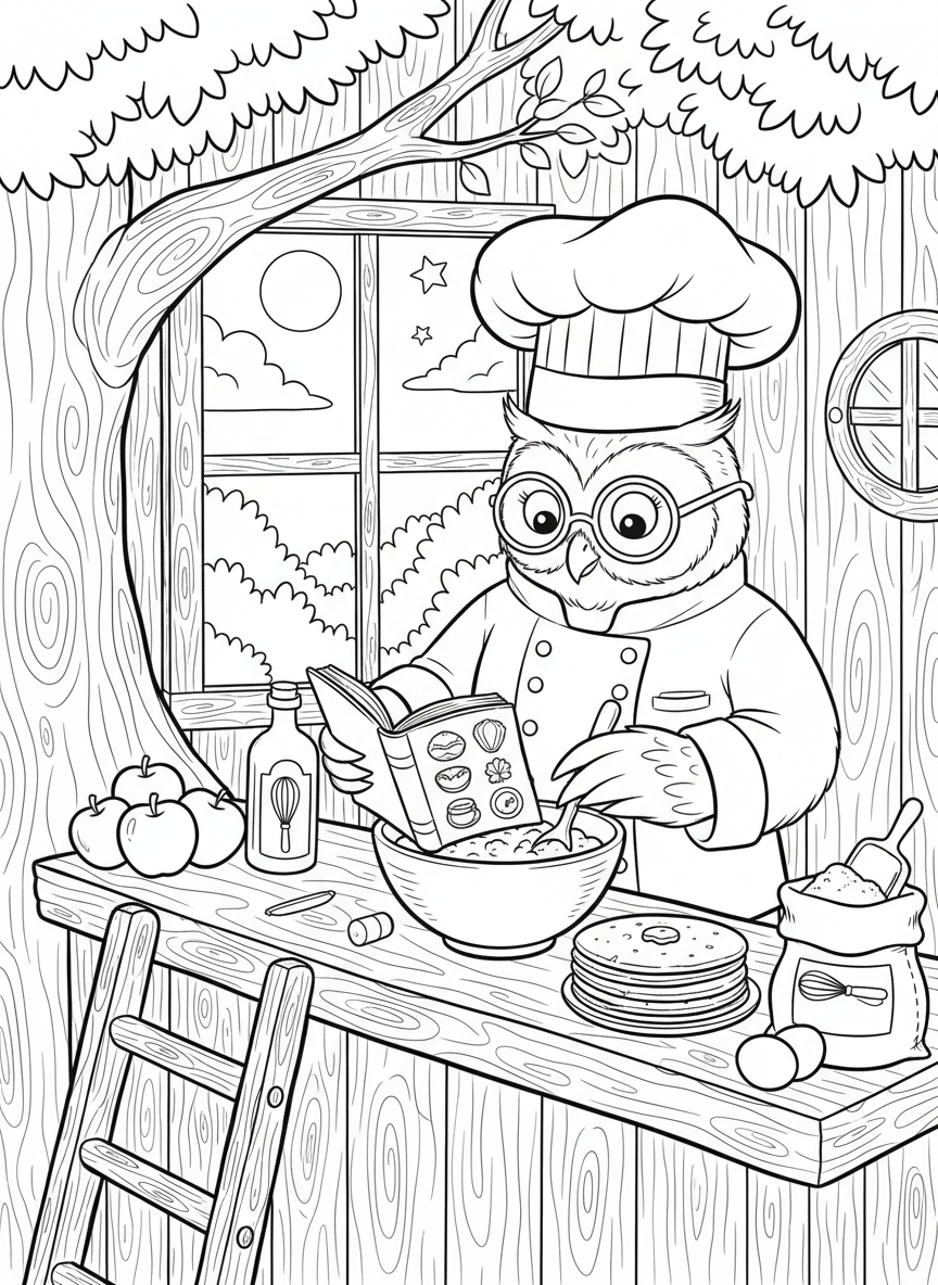 An owl wearing a chef's hat, reading a recipe book at a treehouse kitchen counter surrounded by cooking ingredients.