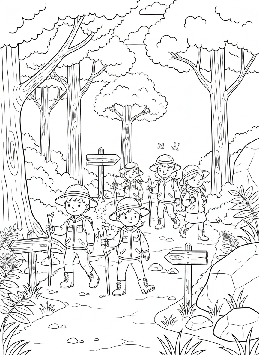 A group of children following a nature trail marked with wooden signs, carrying walking sticks and wearing adventure hats.