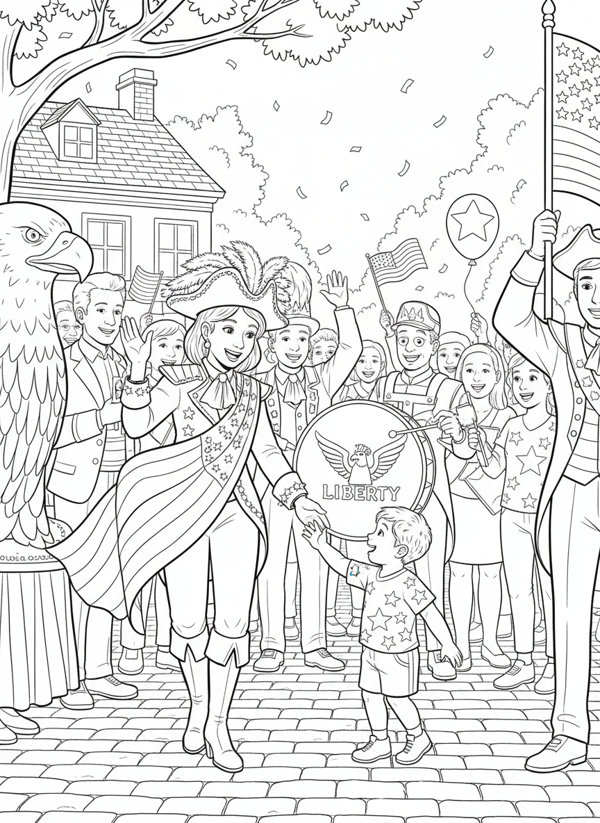 Independence Day Parade coloring page prompts capturing patriotic parades, music, and festive community pride.	A festive parade pause as performers interact with spectators.