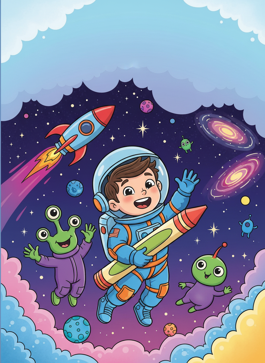 Space explorers coloring book cover, full-color illustration with a kid astronaut, friendly aliens, and a cartoon rocket against a starry sky. Title-safe area at top.