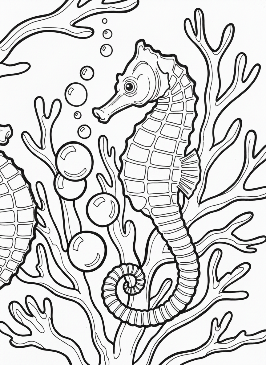 Close-up of a seahorse wrapped around coral branches with bubbles floating upward, medium detail level