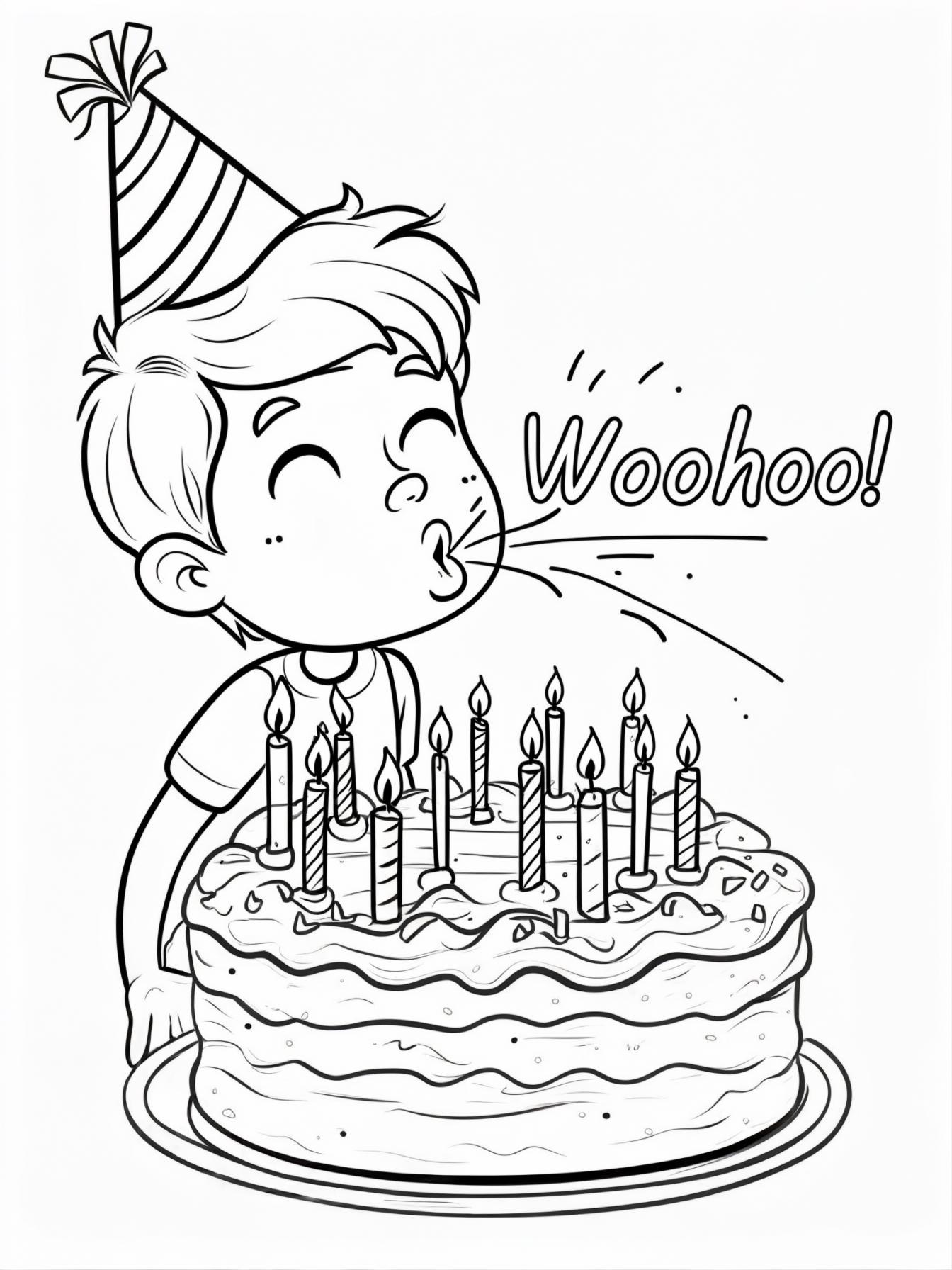 A happy cartoon child (gender-neutral) wearing a party hat, blowing out the candles on a large cake with a big "Woohoo!"