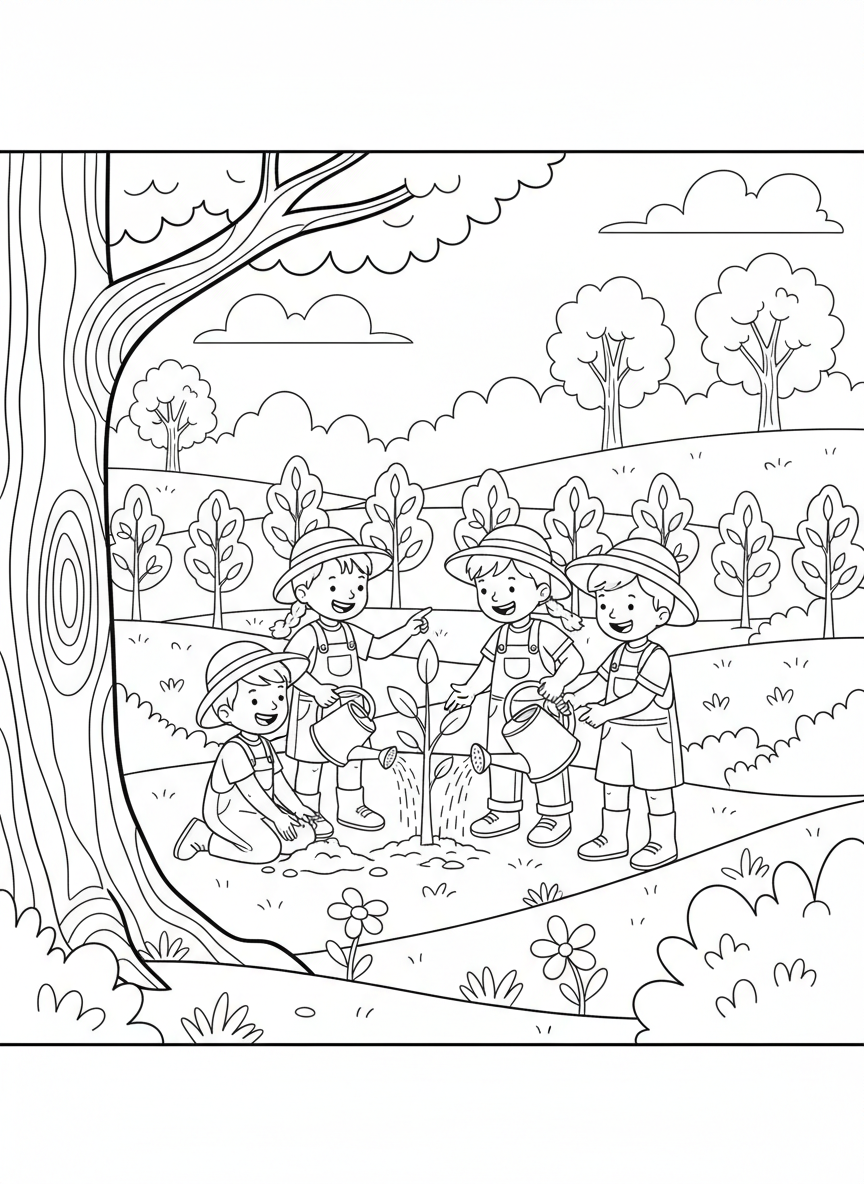 Arbor Day coloring page prompts focused on tree planting, growth, and long-term environmental stewardship.	Children helping to water newly planted trees, smiling as they work together outdoors.
