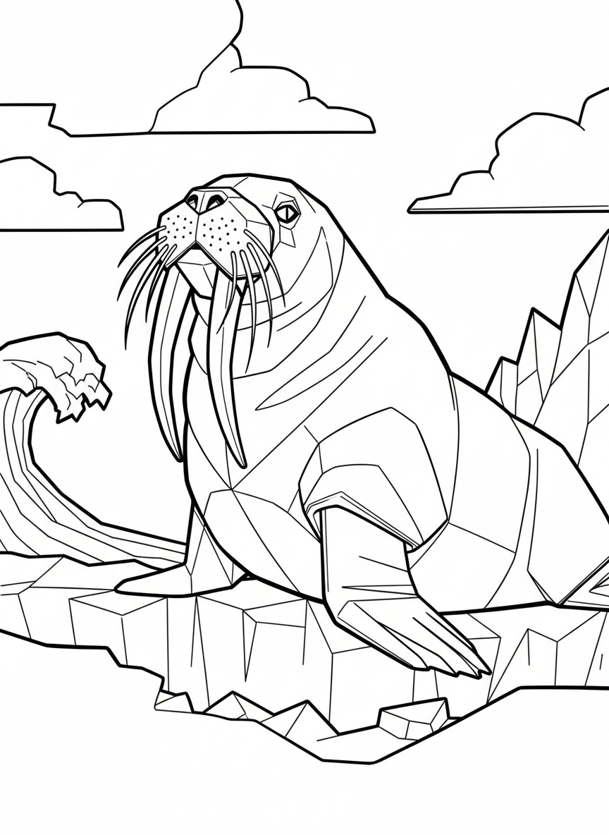A majestic origami walrus with long tusks resting on shore, large geometric body with detailed paper-fold wrinkles and whiskers