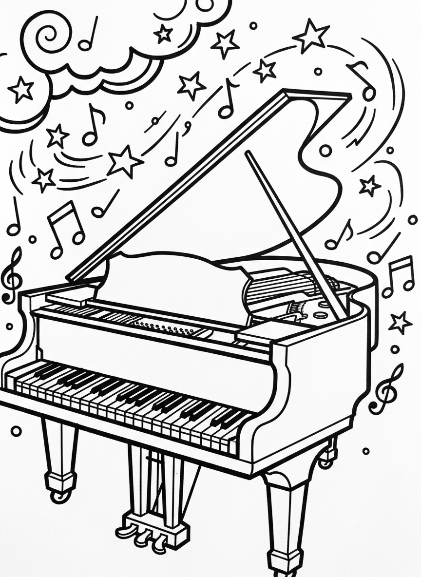 A grand piano with its lid open, showing the keys and interior strings, surrounded by floating musical notes and stars.