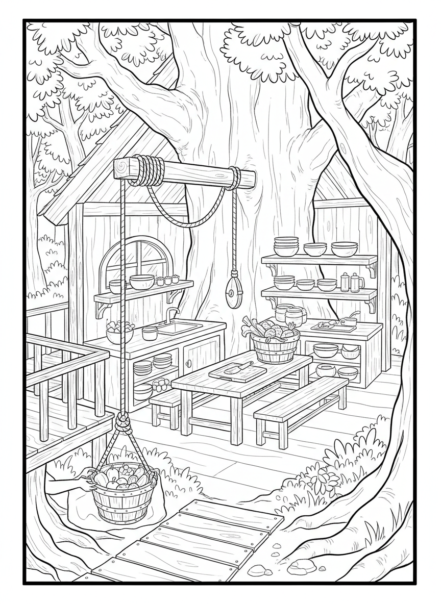 A treehouse kitchen with a rope pulley system bringing up fresh fruits and vegetables from the ground below.