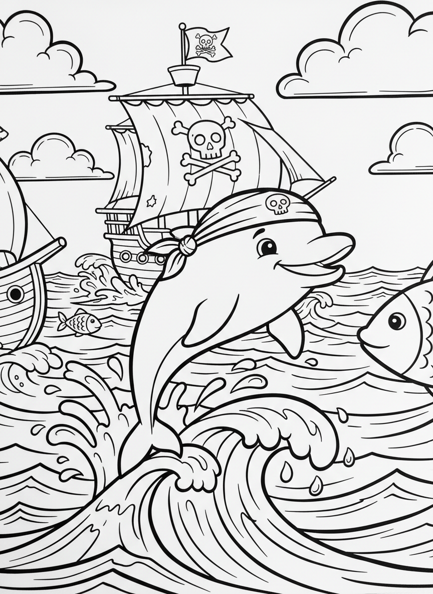 A friendly dolphin wearing a pirate bandana jumping through waves near a pirate ship, playful ocean scene for younger kids