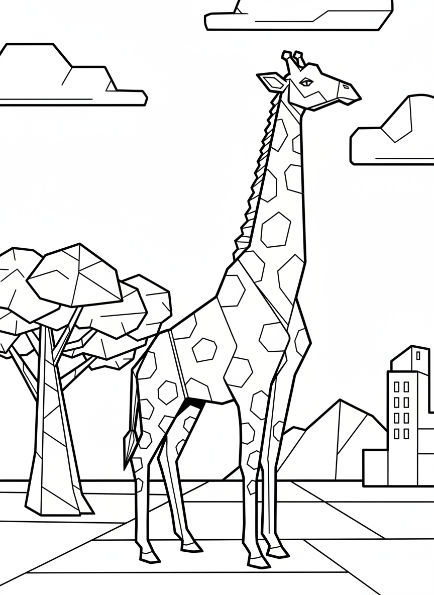 An origami giraffe with a long zigzag neck made of paper folds, standing tall with geometric spotted patterns on its body